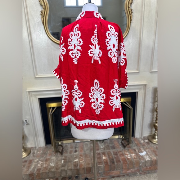 Umgee Red White Folk Print Button Front Boxy Top Cottagecore Boho Size Large - Picture 5 of 12